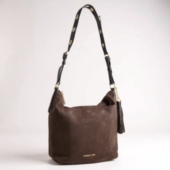 Michael Kors AUTHENTICATED Brown Suede Leather Hobo Bag Gold Chain Tassel Boho - Picture 1 of 15